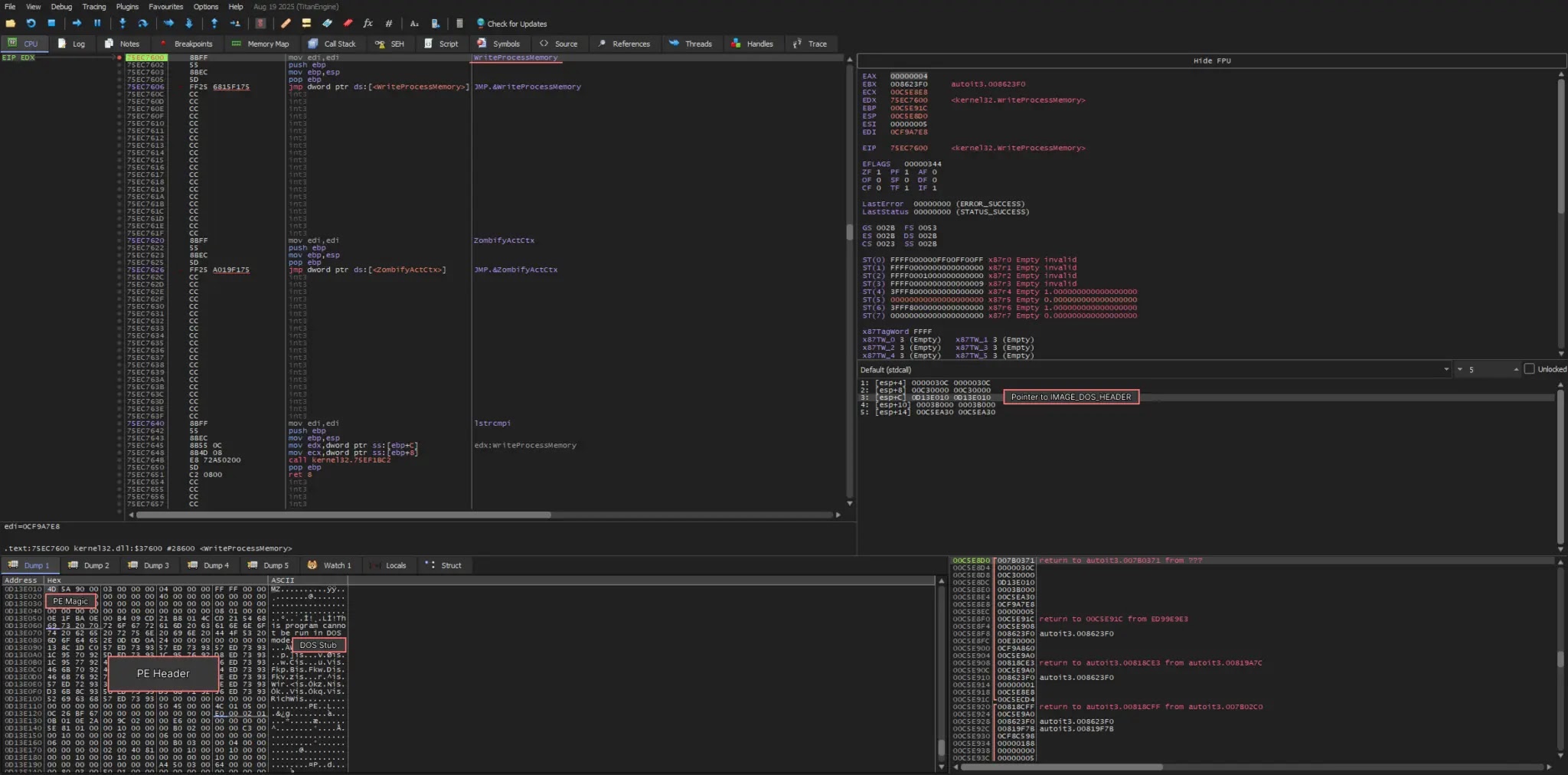 Ένα σημείο διακοπής στο WriteProcessMemory (Πηγή - Any.Run)